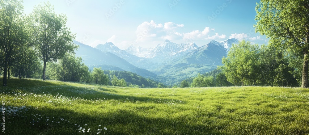 Aufkleber A grassy area with trees and mountains in the distance. with copy space image. Place for adding text or design