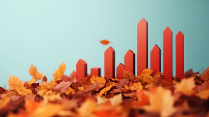 Autumn leaves scattered with red vertical bars on a blue background, representing growth or statistics in a seasonal setting.
