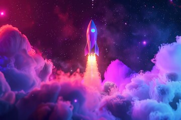 Fototapeta premium Colorful rocket launching through vibrant clouds in a starry night sky
