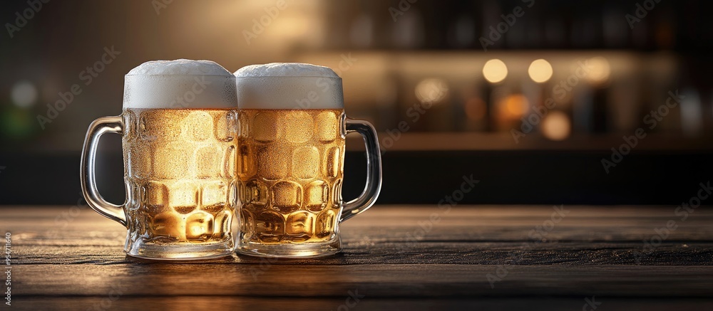 Poster Mugs filled with fresh delicious beer on the table. with copy space image. Place for adding text or design