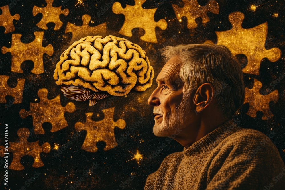 Poster psychodynamic theory cognition elderly man with brain puzzle reflecting on the aging process memory 
