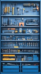 The storage area displays a variety of tools and equipment neatly organized on blue shelves, showcasing efficient industrial inventory management