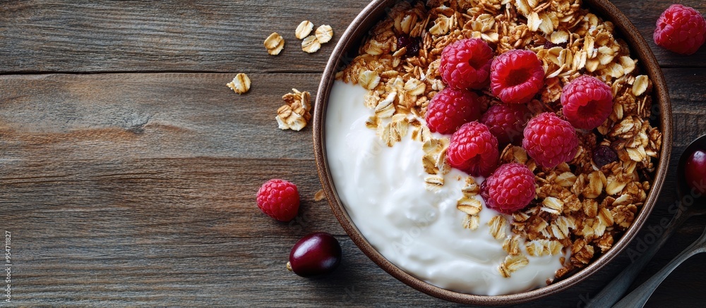 Aufkleber Bowl of granola with oats yogurt fresh raspberries and cranberries. with copy space image. Place for adding text or design