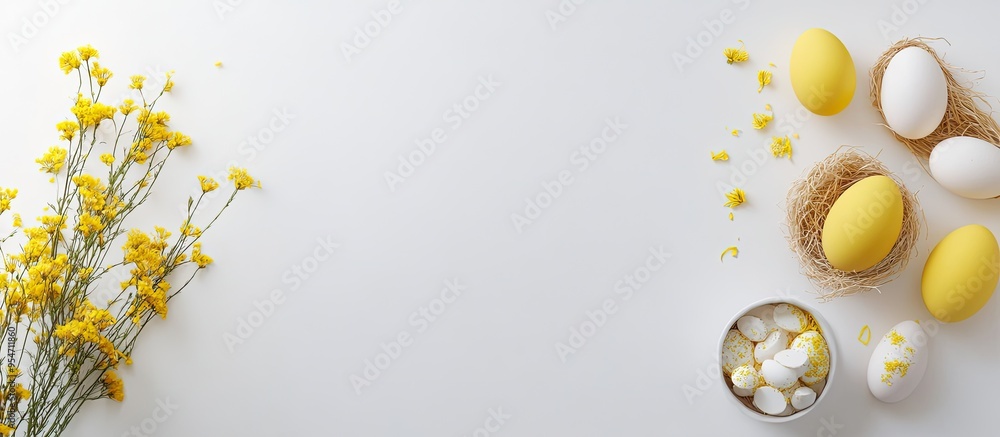 Poster yellow and white eggs yellow flowers and an easter bunny on a white background food displayed on a c