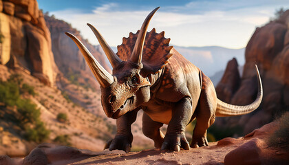 Fototapeta premium A photorealistic rendering of a Triceratops defending its territory in a rocky canyon. The Triceratops displays its impressive frill and horns, with detailed rock textures and a rugged terrain in the 