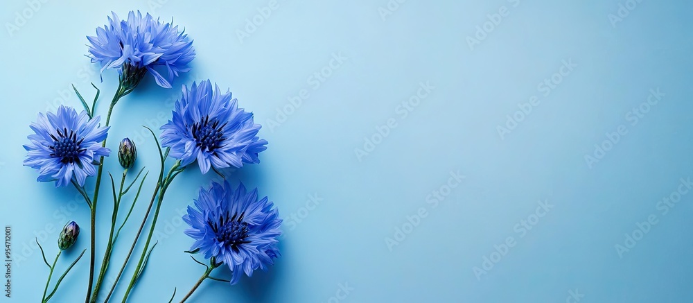 Poster beautiful vibrant cornflowers on a light blue background flat lay area for text. with copy space ima