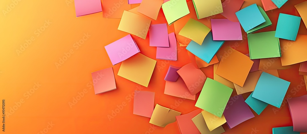 Poster Digital composition of a colorful Sticky Note World set against an orange background. with copy space image. Place for adding text or design