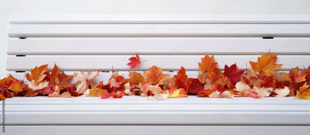 Fototapete Fallen autumn leaves rest on a white bench Autumn theme. with copy space image. Place for adding text or design