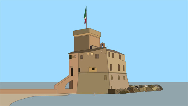 Small castle on the sea of Rapallo with Italian flag