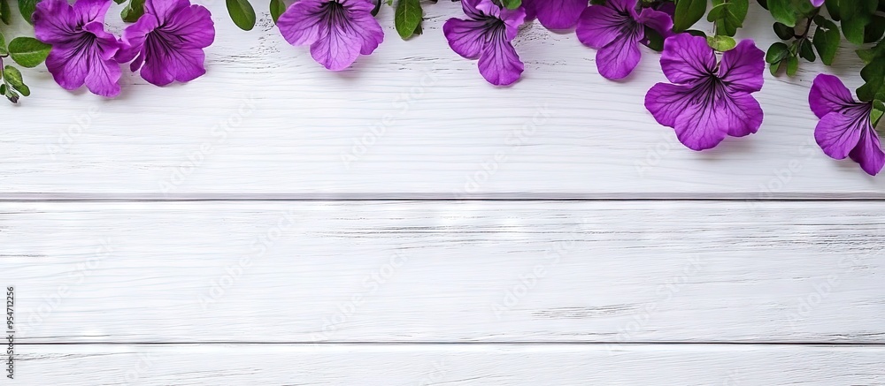 Aufkleber purple flowers on a white wooden surface. with copy space image. place for adding text or design