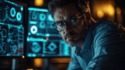 Vigilant Cybersecurity Specialist Monitoring Alerts on Dual Screens in Darkened Room