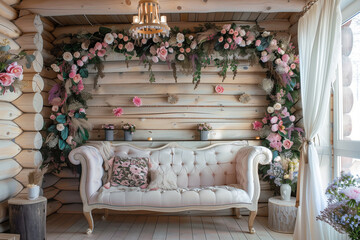 Interior of living room with sofa with flowers. Beautiful Living Room in Home. Location for the photoshoot indoors with beautiful greenery