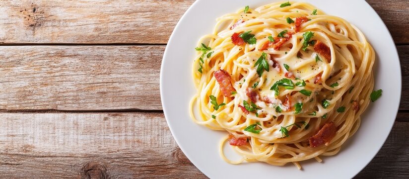 Classic Italian Carbonara pasta top view with copyspace ideal for recipe websites and culinary displays