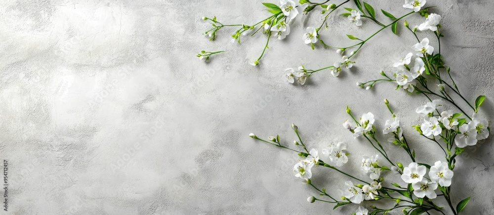 Poster spring background blooming flowers on a concrete surface top view copy space