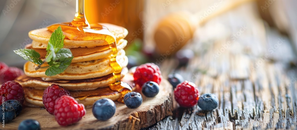 Poster small pancakes topped with berries and honey are featured in a close up on a wooden plate this repre