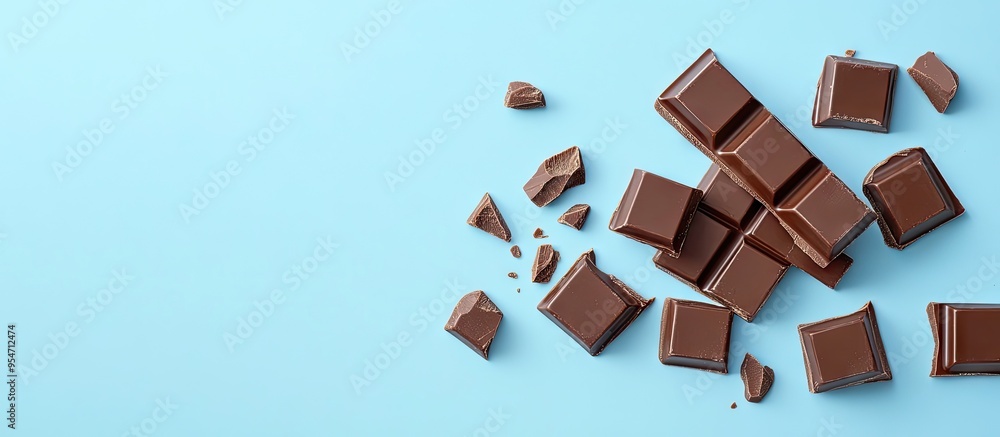 Leinwandbilder delicious chocolate bar pieces on a light blue background top view room for text. with copy space im