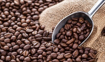 Fototapeta premium coffee beans with a scoop in a burlap bag, Generative AI
