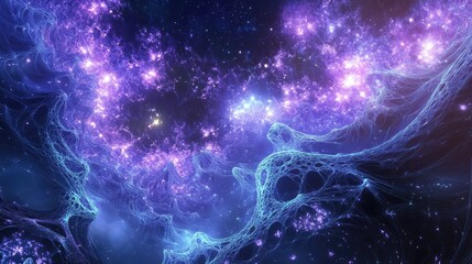 Obraz premium A futuristic metaverse with violet and blue fractal structures, illuminated by stars and glowing cosmic energy