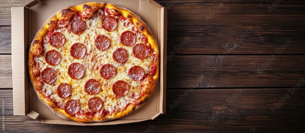 Poster pizza topped with salami sausage and parmesan cheese in a cardboard box on a wooden table top view. 
