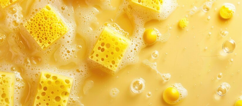 Gel capsules for dishwashers and sponges on a yellow background in a top view setting of the copy