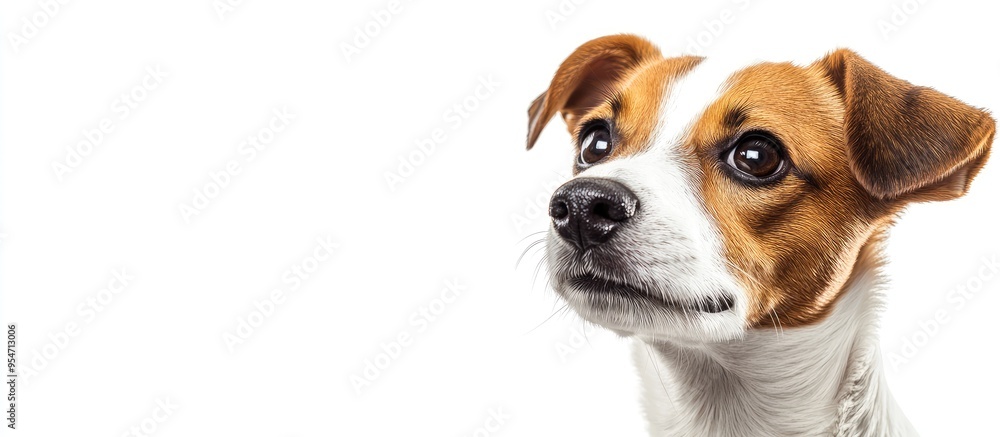 Poster young jack russell terrier against a white background. with copy space image. place for adding text 