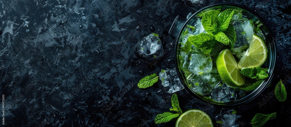 Poster mojito cocktail a refreshing blend of mint rum and lime served as a cold drink black background top 