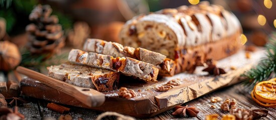 Freshly baked bread infused with spices dried fruits and nuts Perfect for festive occasions Toned. with copy space image. Place for adding text or design