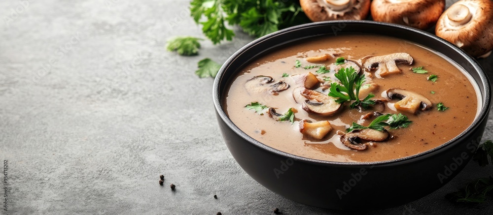 Poster delicious mushroom soup in a pan on a gray background close up copy space