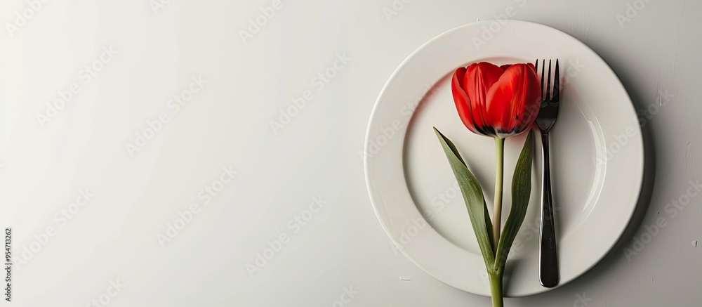 Aufkleber vibrant felt tulip flowers in orange yellow and pink set against a blue background. with copy space 