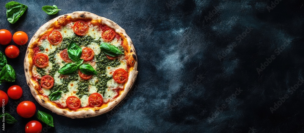 Fototapete Pizza featuring green pesto and fresh tomatoes on a dark background top view. with copy space image. Place for adding text or design