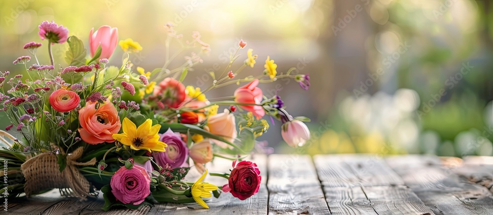Poster Gorgeous fresh blooms set against a wooden backdrop. with copy space image. Place for adding text or design