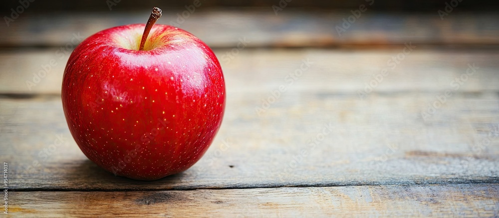 Poster close up of a red apple on a wooden surface with copy space