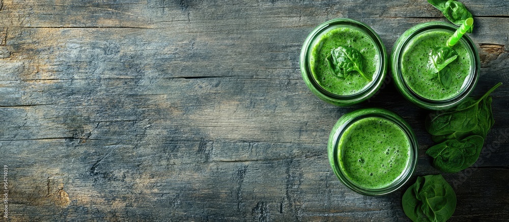 Poster healthy green smoothie jars with fresh spinach on a grey wooden table top view copyspace available