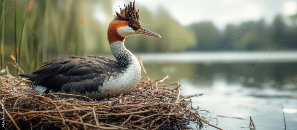 Poster Close up of a great crested grebe on a nest at a lake. with copy space image. Place for adding text or design