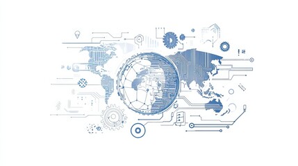 Obraz premium A line drawing depicts the interconnectedness of world future technology: a globe, cogs, circuitry, and a microchip, symbolizing the convergence of global communication, advanced engineering