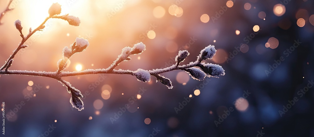 Fototapete first snow of the season on a branch at dawn. with copy space image. place for adding text or design