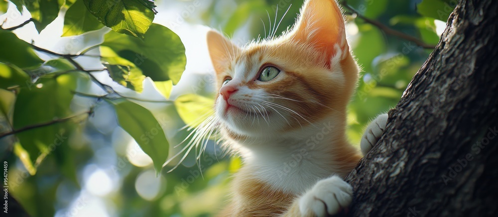 Aufkleber a close up of a cute red and white cat set against a background of tree branches with green leaves f