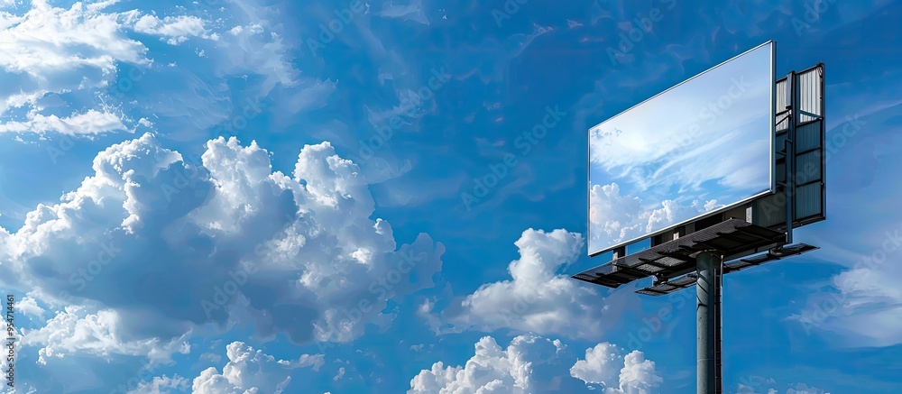 Poster blank billboard set against a blue sky with clouds in the background. with copy space image. Place for adding text or design