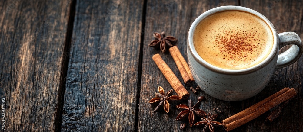 Leinwandbilder a cup of coffee with cinnamon and anise stars on a deep wooden surface. with copy space image. place