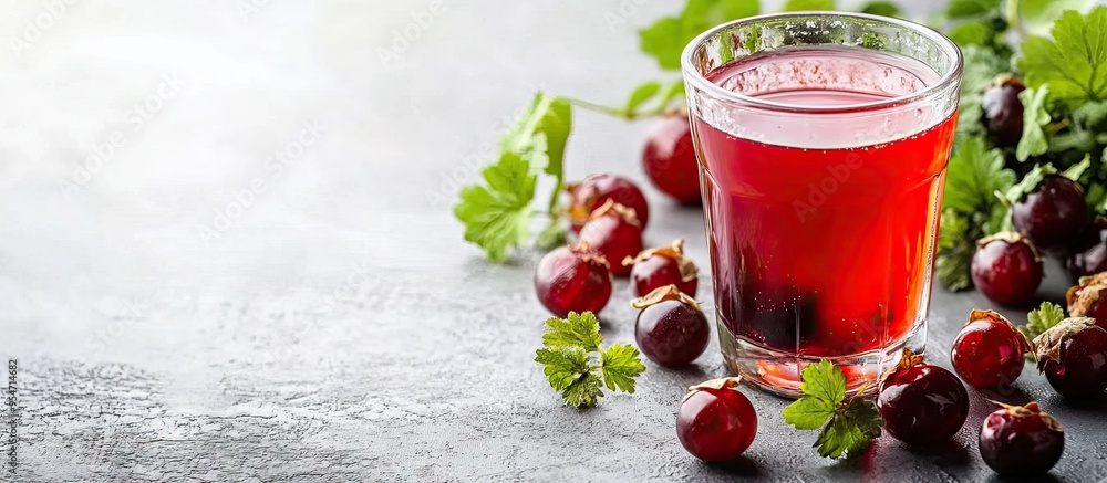 Fototapete delicious gooseberry juice in a glass with fresh berries on a light table area for text. with copy s