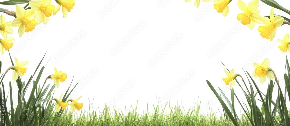 Fototapete Spring background featuring a frame of grass and daffodils in a natural setting suitable for a white isolated studio background Close up. with copy space image. Place for adding text or design