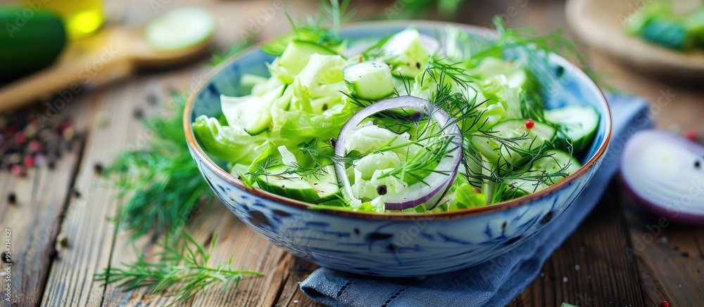 Poster green vegetable salad made of cabbage cucumbers and spring onion in a blue bowl accompanied by a nap
