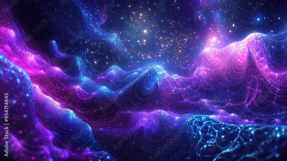 Poster a mystical metaverse featuring glowing violet and blue fractal networks with stars embedded in the b