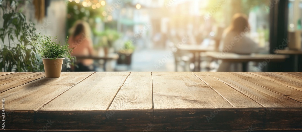Poster Selective empty wooden table in front of a blurred young tourist in a coffee shop background with sunlight and bokeh for product montage display. with copy space image