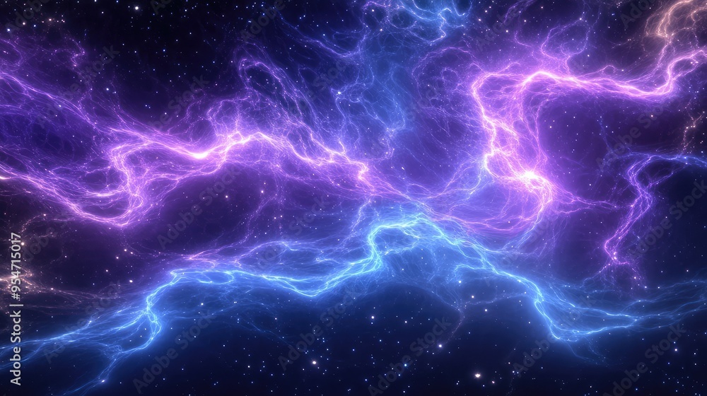 Poster a mystical metaverse featuring glowing violet and blue fractal networks with stars embedded in the b