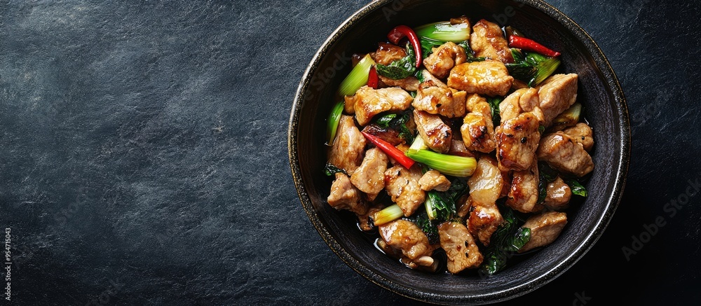 Poster asian cuisine stir fried pork with chinese leeks. with copy space image. place for adding text or de