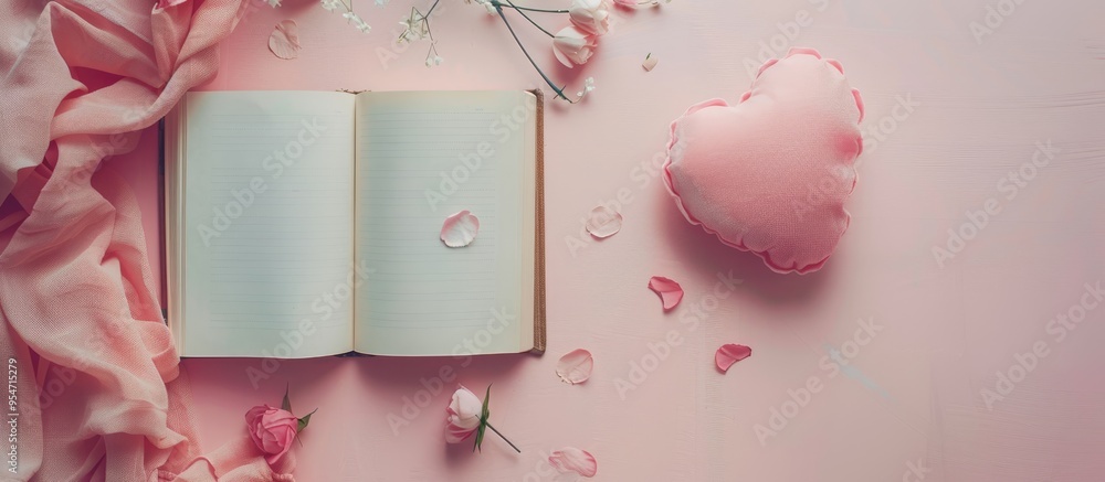 Aufkleber Top view of an open book with vintage paper featuring a space for text and a soft heart shaped toy on a pastel pink background. with copy space image. Place for adding text or design