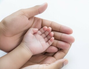 Tender infant grasps caregiver's finger, tiny hands entwined in trust