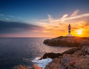 White lighthouse standing tall on rocky coast, bathed in warm sunset light, casting long shadow over crashing waves