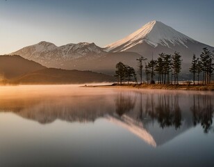 Mount Fuji, the iconic Japanese volcano, stands majestically against a vibrant autumn sky, reflecting its peak in the serene lake below